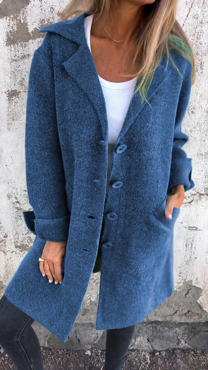Damen Women Coat Lässiger Langer Mantel mit Revers und Knöpfen - Blau