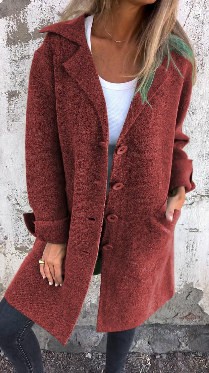 Damen Women Coat Lässiger Langer Mantel mit Revers und Knöpfen - Rot