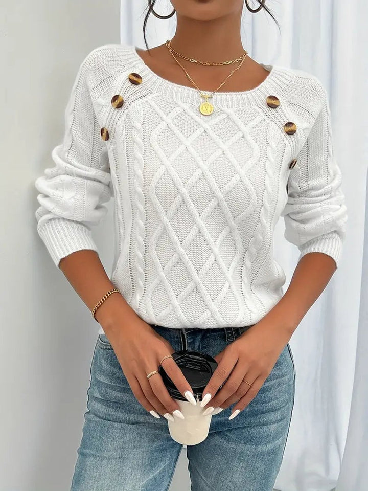 Damen Zopfmuster Knit Sweater Rundhals Raglanärmel Acryl Pullover - Weiß