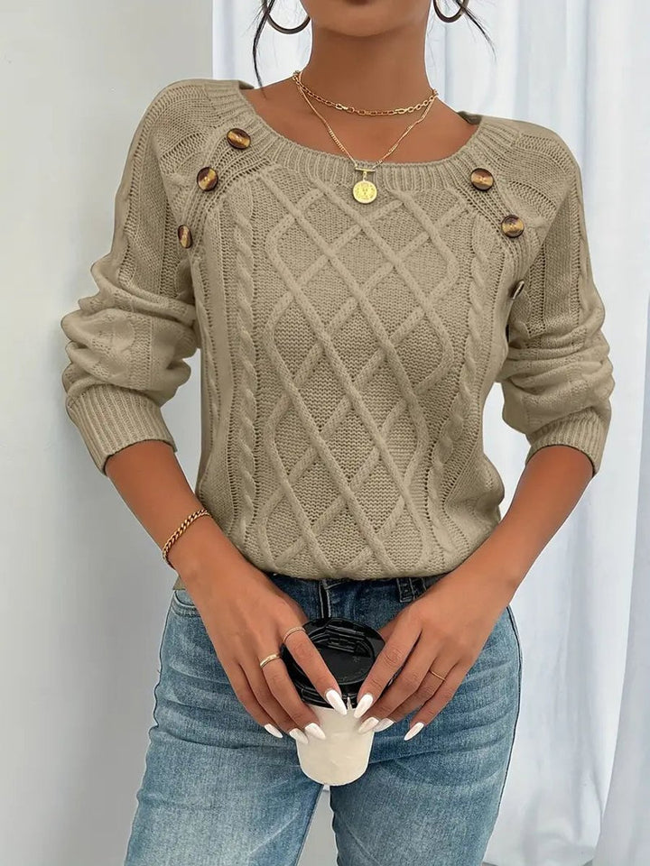 Damen Zopfmuster Knit Sweater Rundhals Raglanärmel Acryl Pullover - Khaki