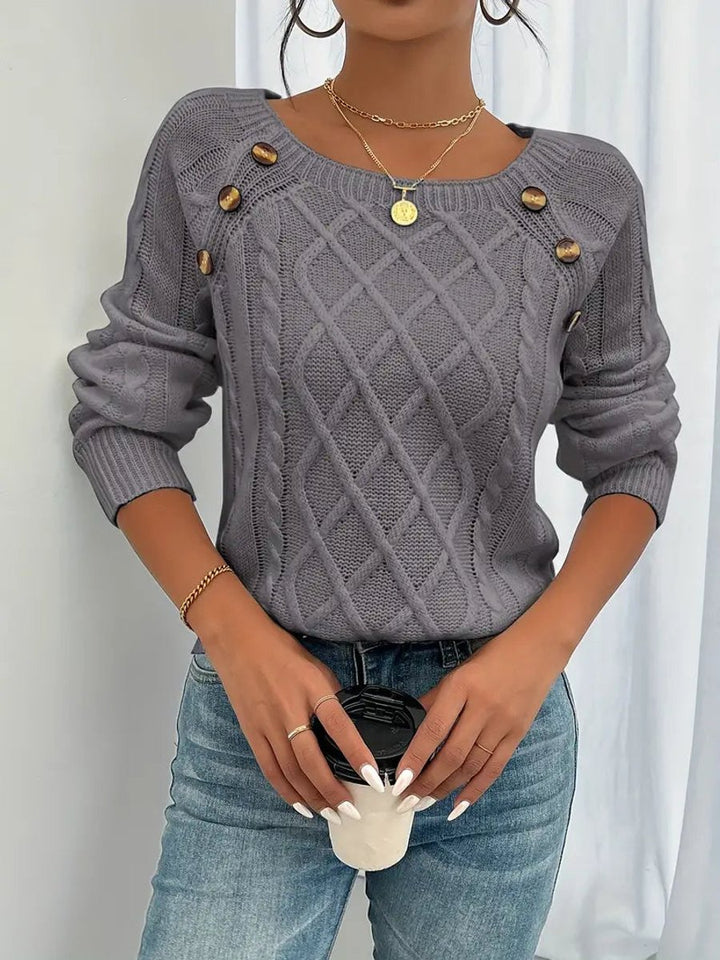 Damen Zopfmuster Knit Sweater Rundhals Raglanärmel Acryl Pullover - Dunkelgrau