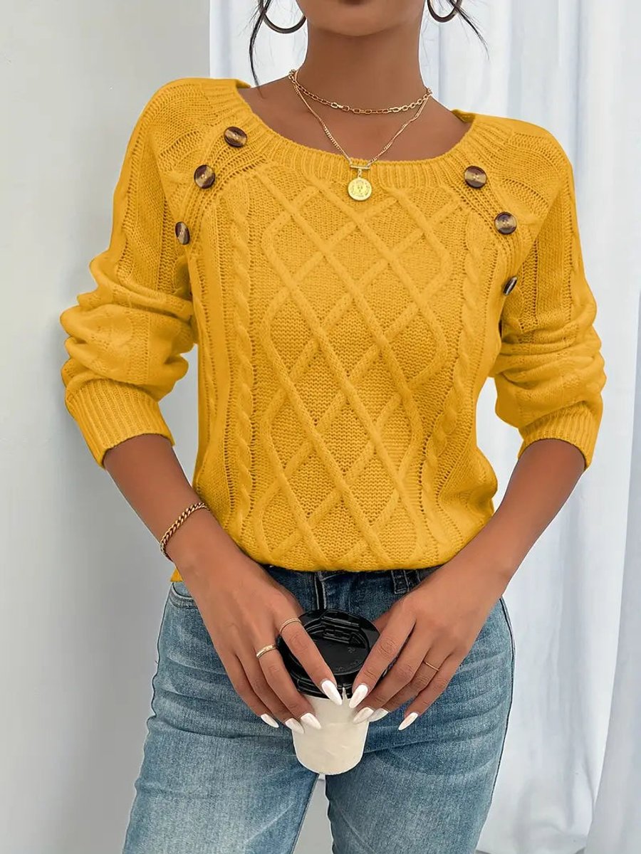 Damen Zopfmuster Knit Sweater Rundhals Raglanärmel Acryl Pullover - Golden