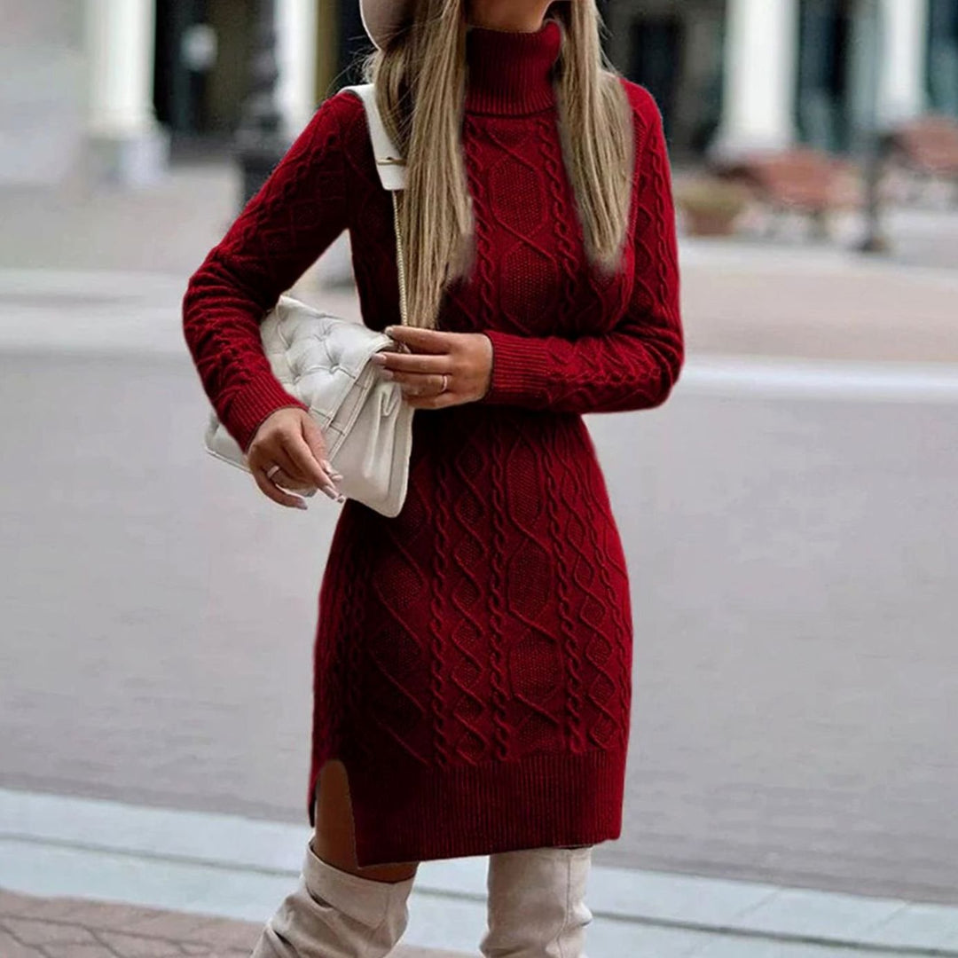 Damen Zopfmuster Rollkragen Strickkleid mit Seitenschlitz - Burgund