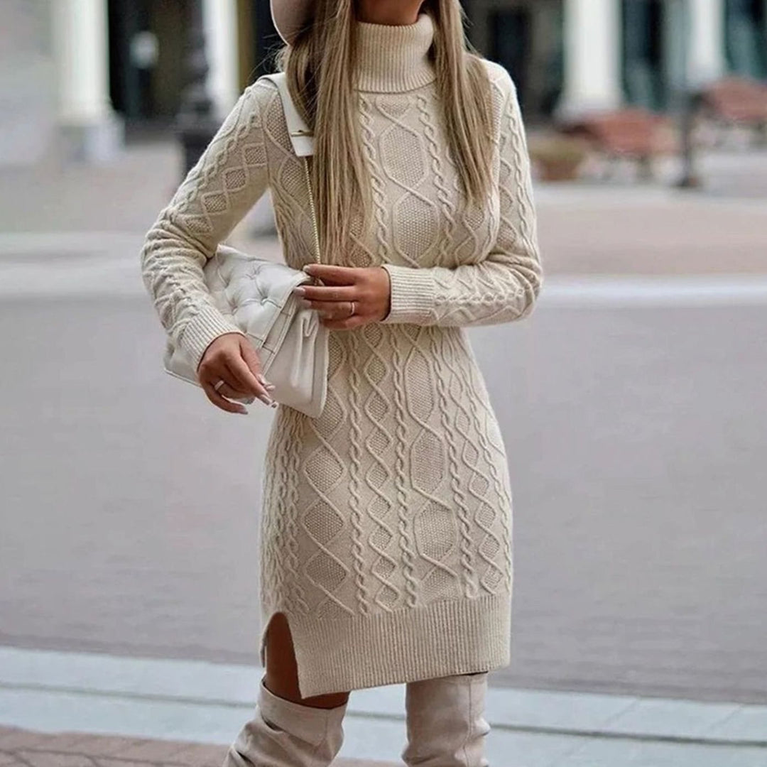Damen Zopfmuster Rollkragen Strickkleid mit Seitenschlitz - Beige