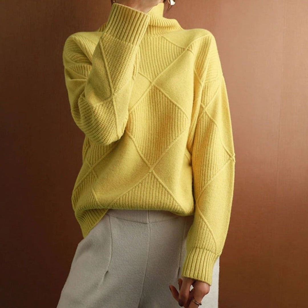 Damen Zopfmuster Rollkragenpullover Warm Oversize Strickpullover - Gelb