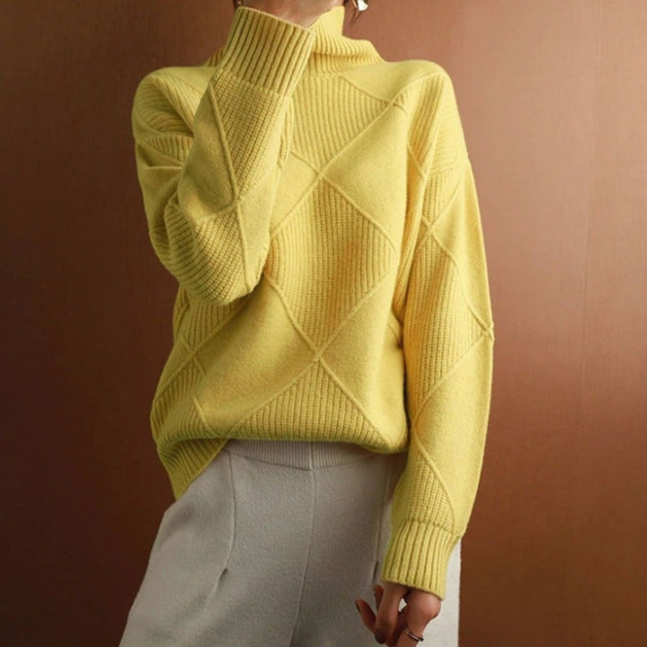 Damen Zopfmuster Rollkragenpullover Warm Oversize Strickpullover - Gelb