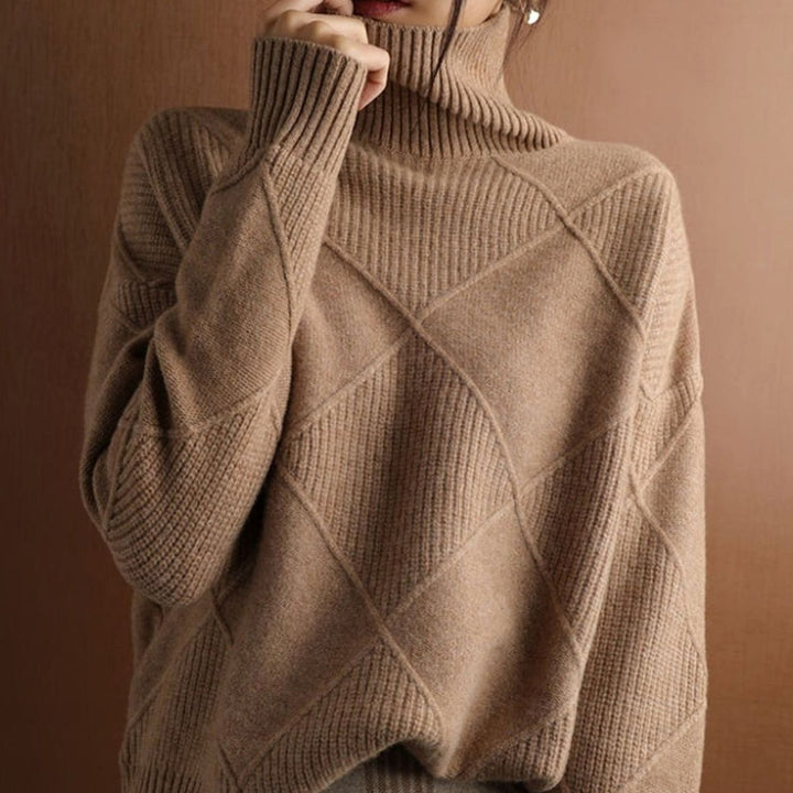 Damen Zopfmuster Rollkragenpullover Warm Oversize Strickpullover - Braun