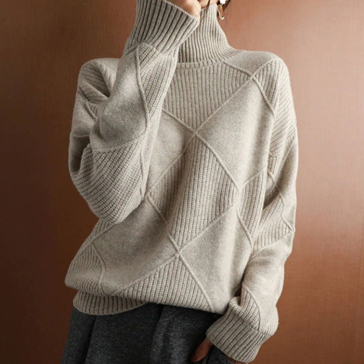 Damen Zopfmuster Rollkragenpullover Warm Oversize Strickpullover - Khaki