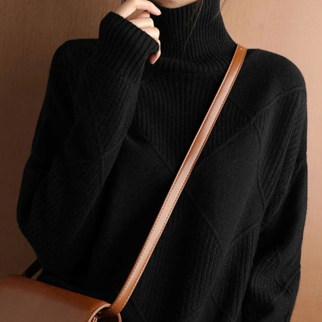 Damen Zopfmuster Rollkragenpullover Warm Oversize Strickpullover - Schwarz