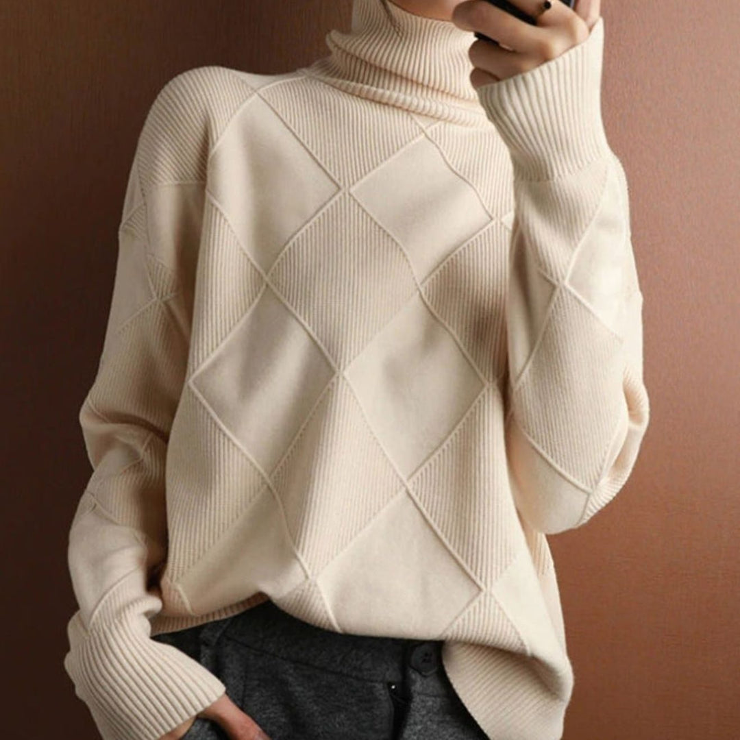 Damen Zopfmuster Rollkragenpullover Warm Oversize Strickpullover - Beige