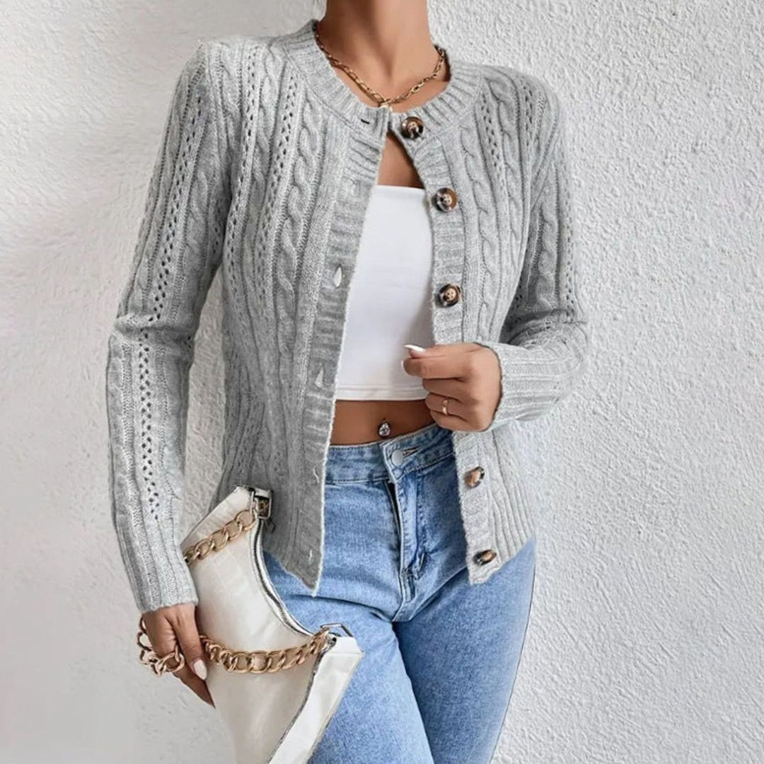 Damen Zopfmuster Strickjacke mit Knopfleiste Rundhals - Grau