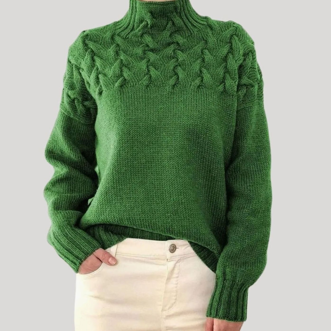 Damen Zopfmuster-Strickpullover mit hohem Kragen Relaxed Fit - Grün