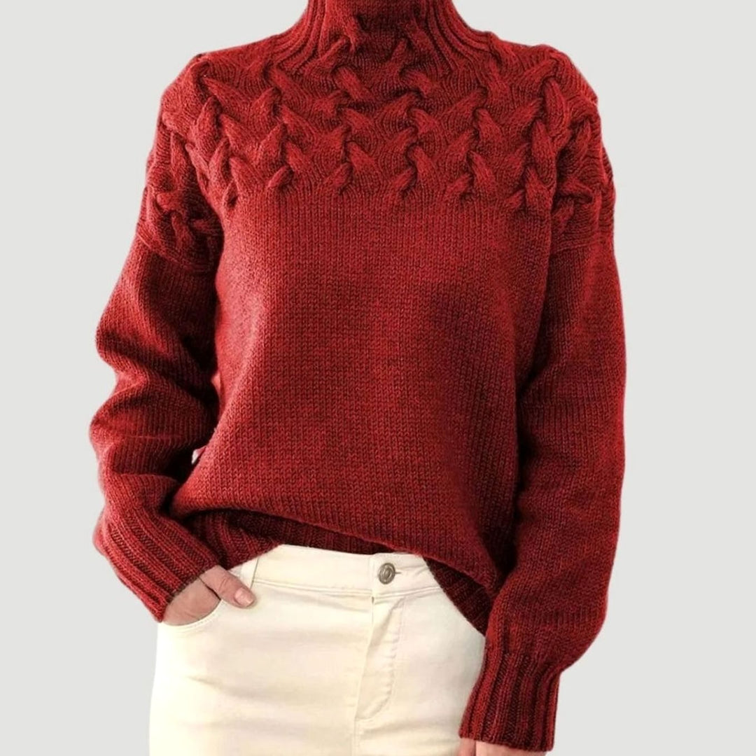 Damen Zopfmuster-Strickpullover mit hohem Kragen Relaxed Fit - Rot
