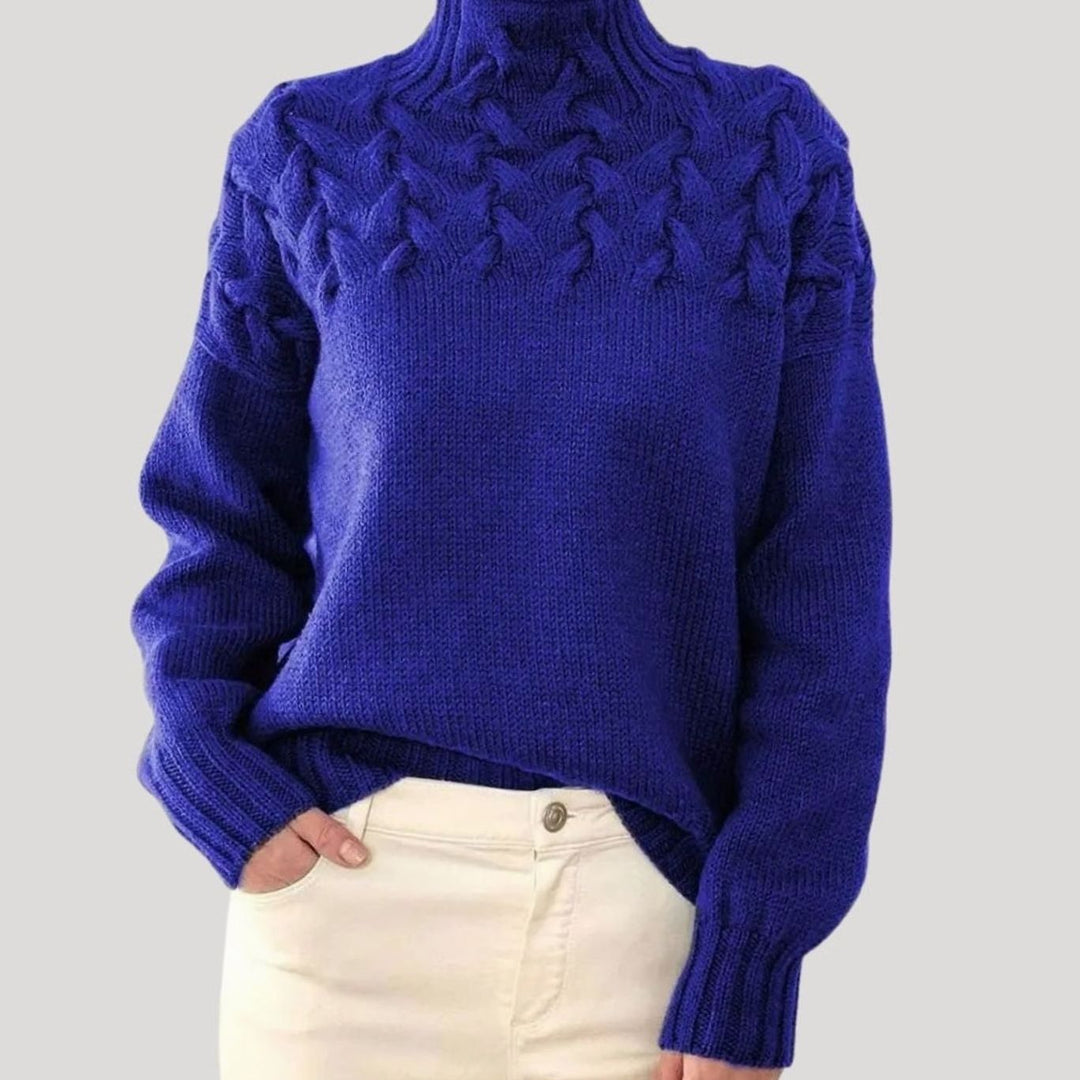 Damen Zopfmuster-Strickpullover mit hohem Kragen Relaxed Fit - Blau
