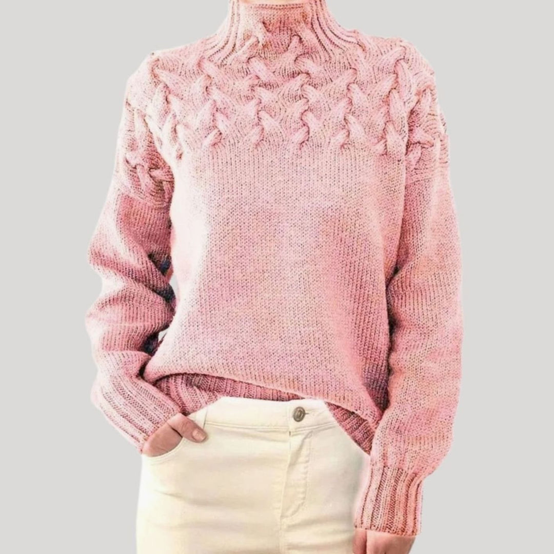 Damen Zopfmuster-Strickpullover mit hohem Kragen Relaxed Fit - Hellrosa