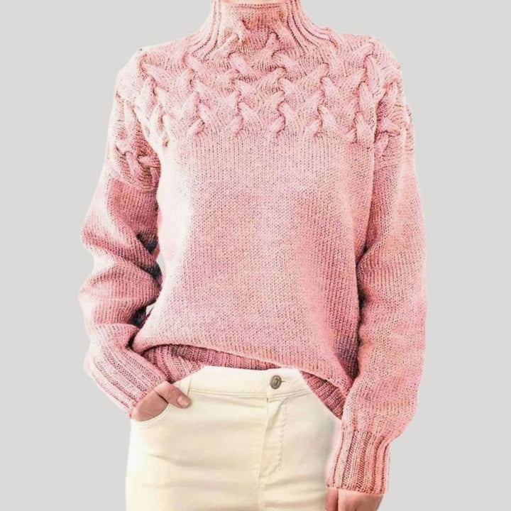 Damen Zopfmuster-Strickpullover mit hohem Kragen Relaxed Fit - Hellrosa
