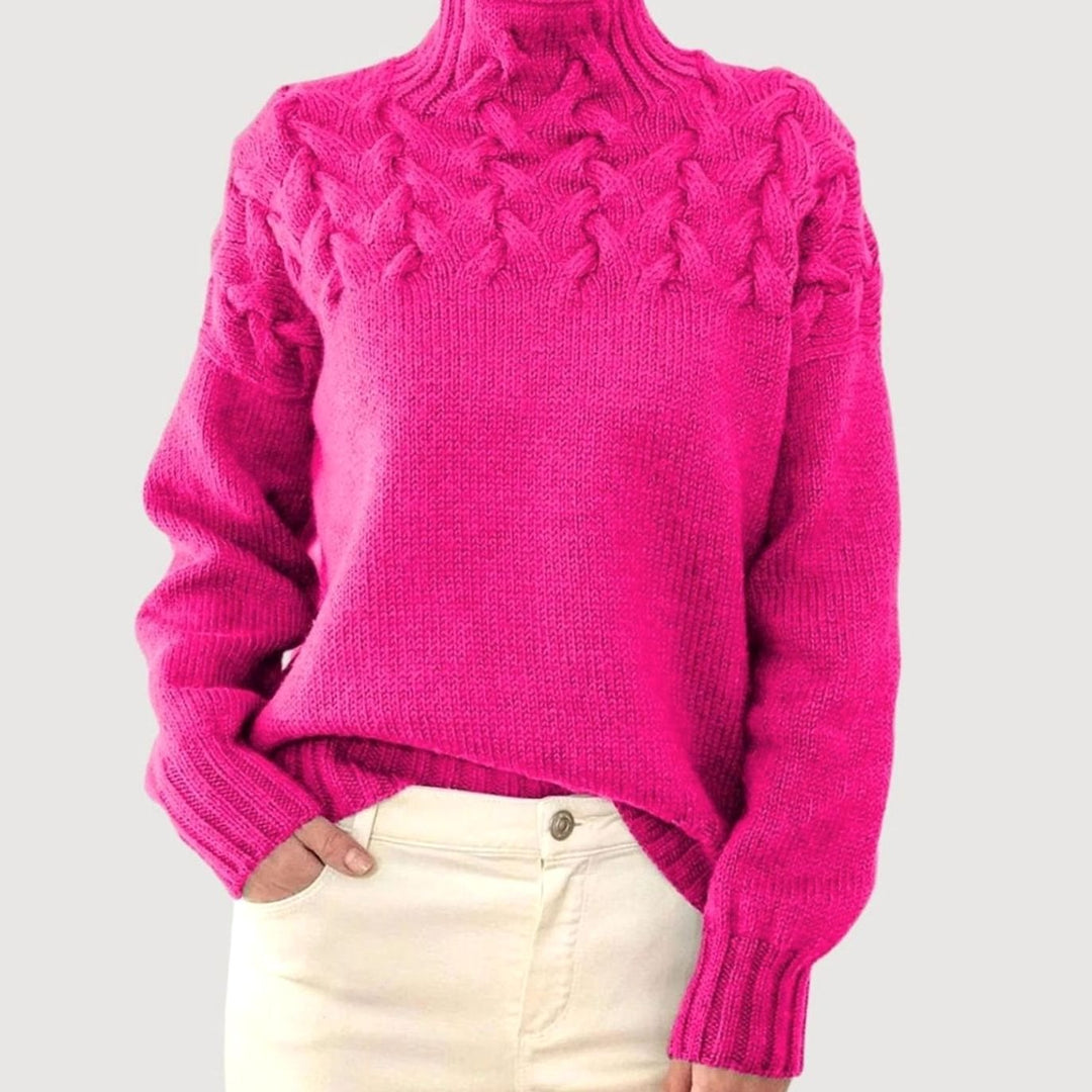 Damen Zopfmuster-Strickpullover mit hohem Kragen Relaxed Fit - Rosa