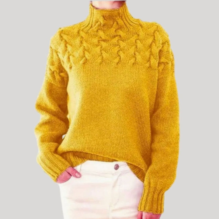 Damen Zopfmuster-Strickpullover mit hohem Kragen Relaxed Fit - Gelb