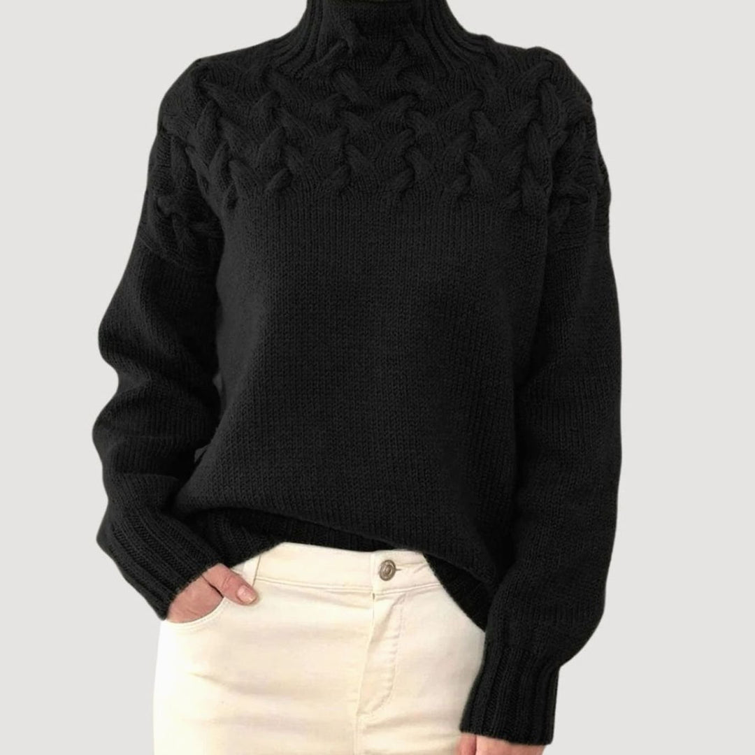 Damen Zopfmuster-Strickpullover mit hohem Kragen Relaxed Fit - Schwarz