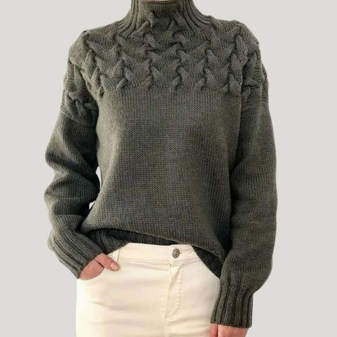 Damen Zopfmuster-Strickpullover mit hohem Kragen Relaxed Fit - Grau