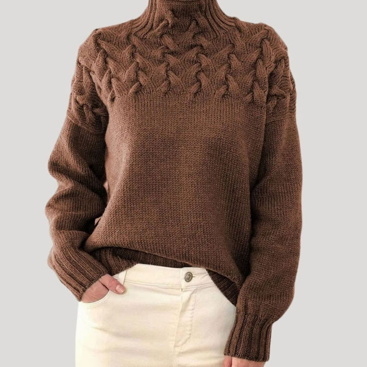 Damen Zopfmuster-Strickpullover mit hohem Kragen Relaxed Fit - Braun