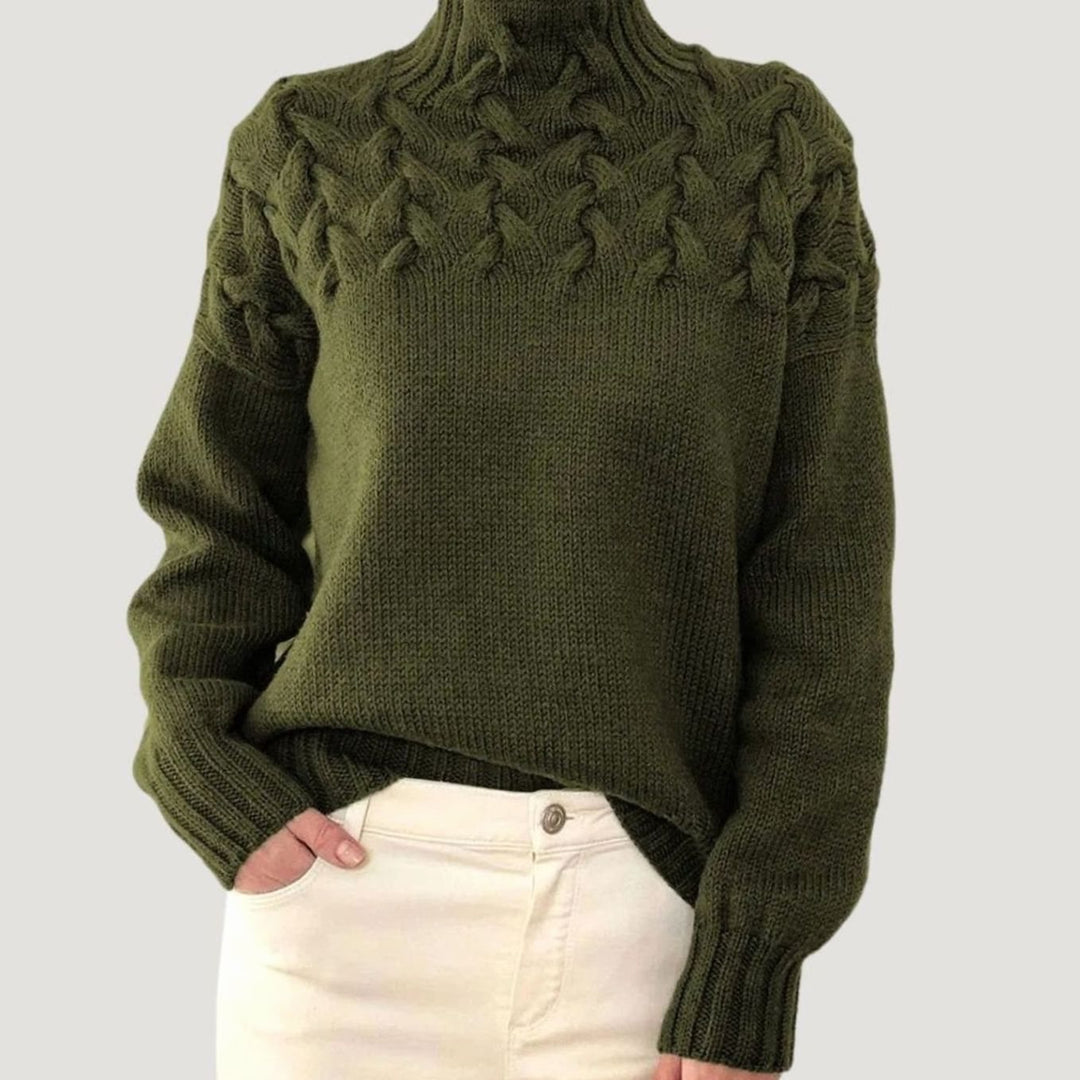 Damen Zopfmuster-Strickpullover mit hohem Kragen Relaxed Fit - Dunkelgrün