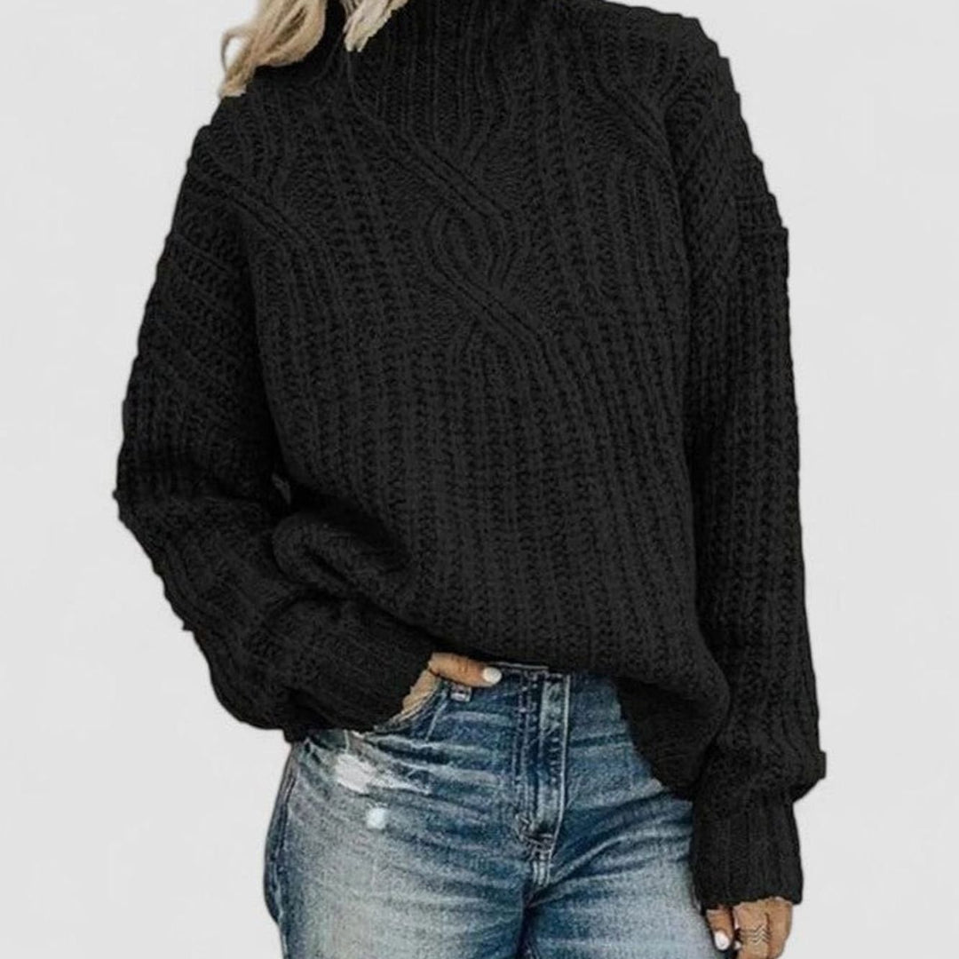 Damen Zopfmuster-Strickpullover mit langen Ärmeln Stehkragen - Schwarz