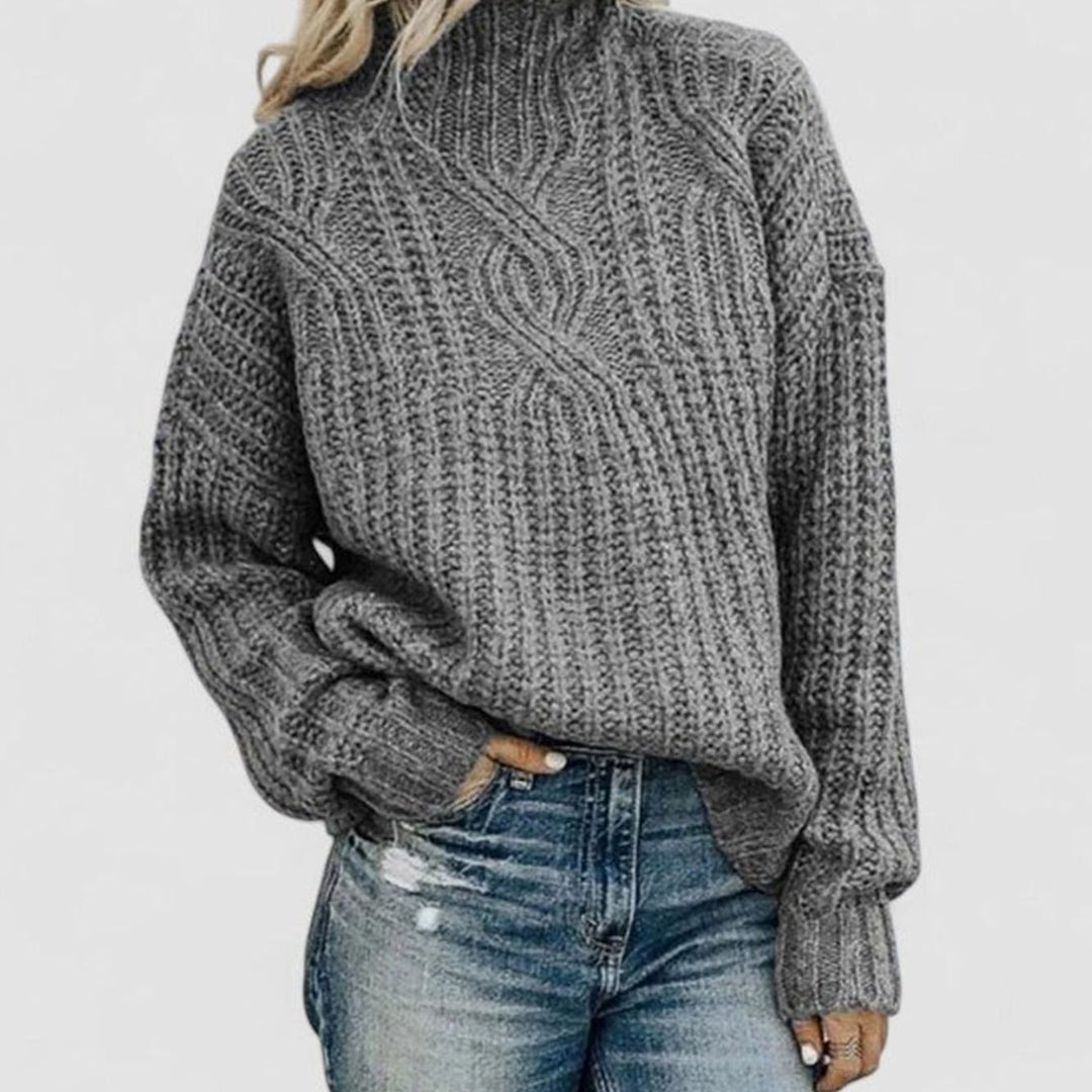 Damen Zopfmuster-Strickpullover mit langen Ärmeln Stehkragen - Grau