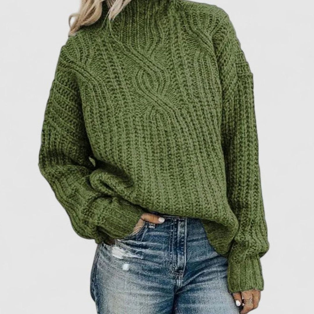 Damen Zopfmuster-Strickpullover mit langen Ärmeln Stehkragen - Grün
