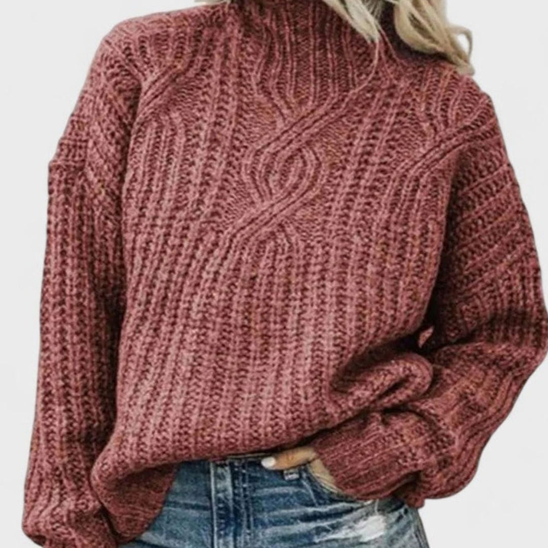 Damen Zopfmuster-Strickpullover mit langen Ärmeln Stehkragen - Rosa