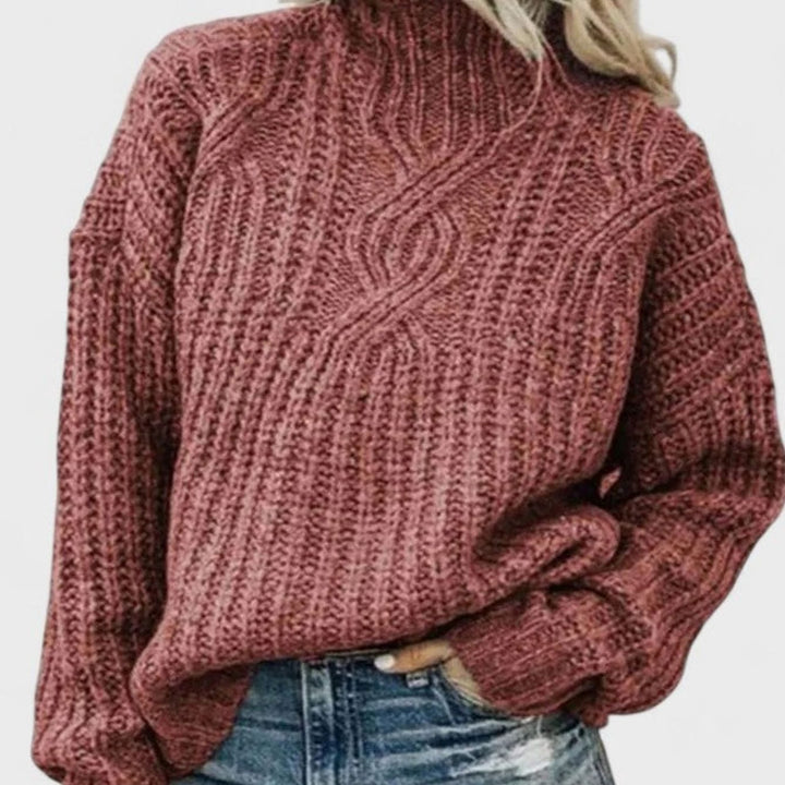 Damen Zopfmuster-Strickpullover mit langen Ärmeln Stehkragen - Rosa