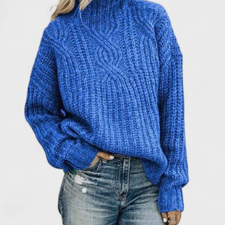 Damen Zopfmuster-Strickpullover mit langen Ärmeln Stehkragen - Blau