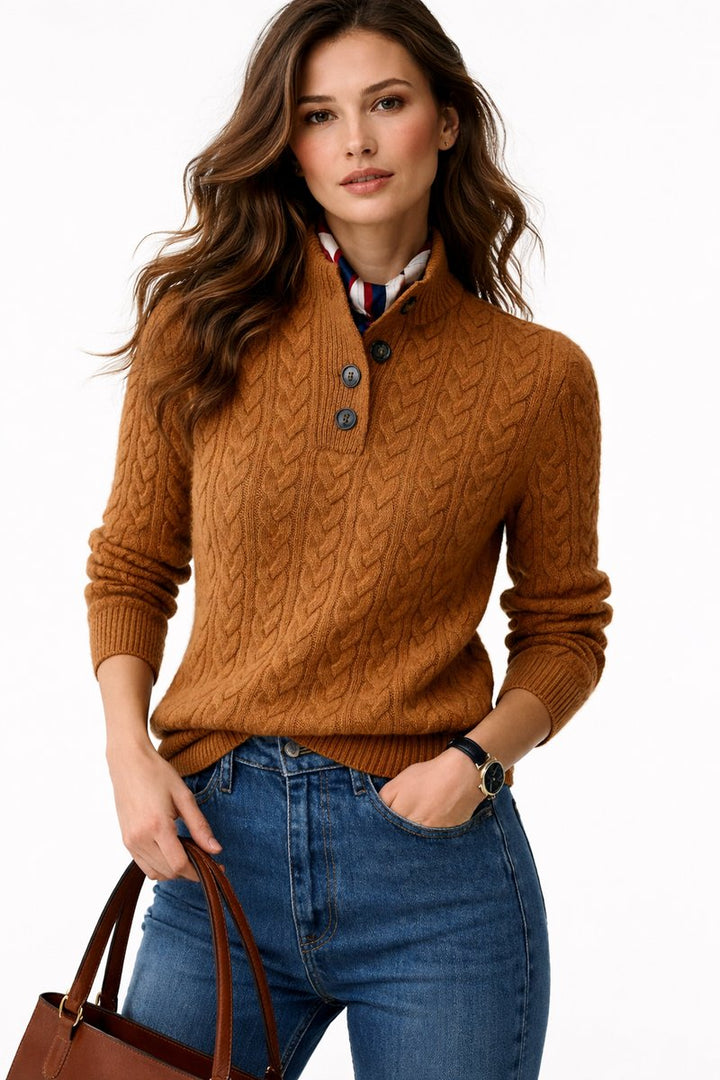 Damen Zopfstrick Wollmix Sweater mit Knopfkragen - Braun