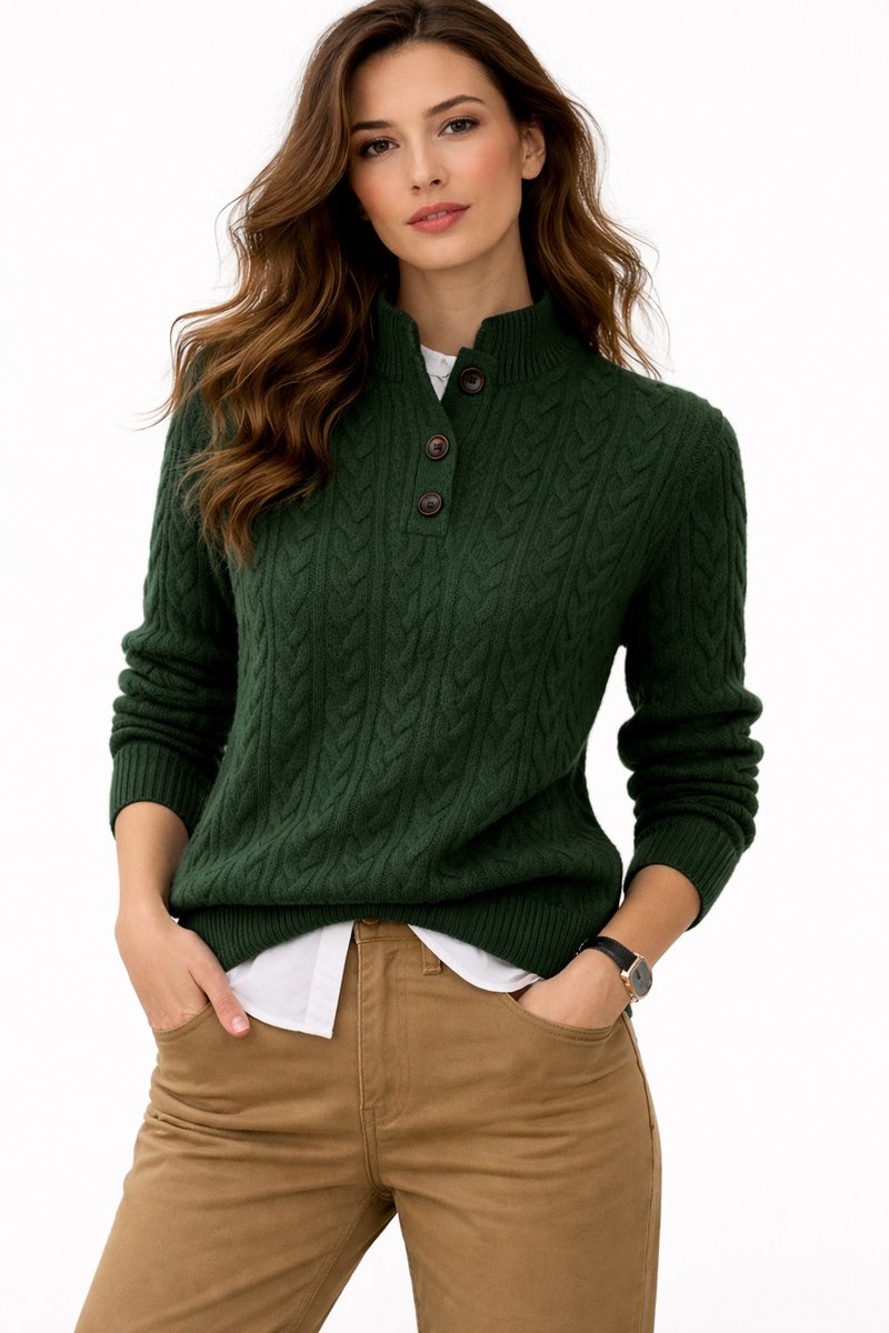 Damen Zopfstrick Wollmix Sweater mit Knopfkragen - Grün