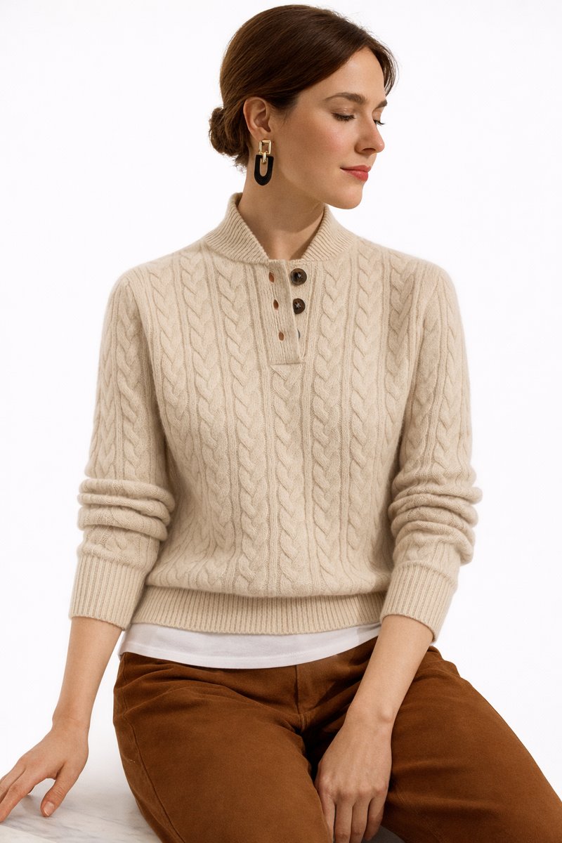 Damen Zopfstrick Wollmix Sweater mit Knopfkragen - Khaki