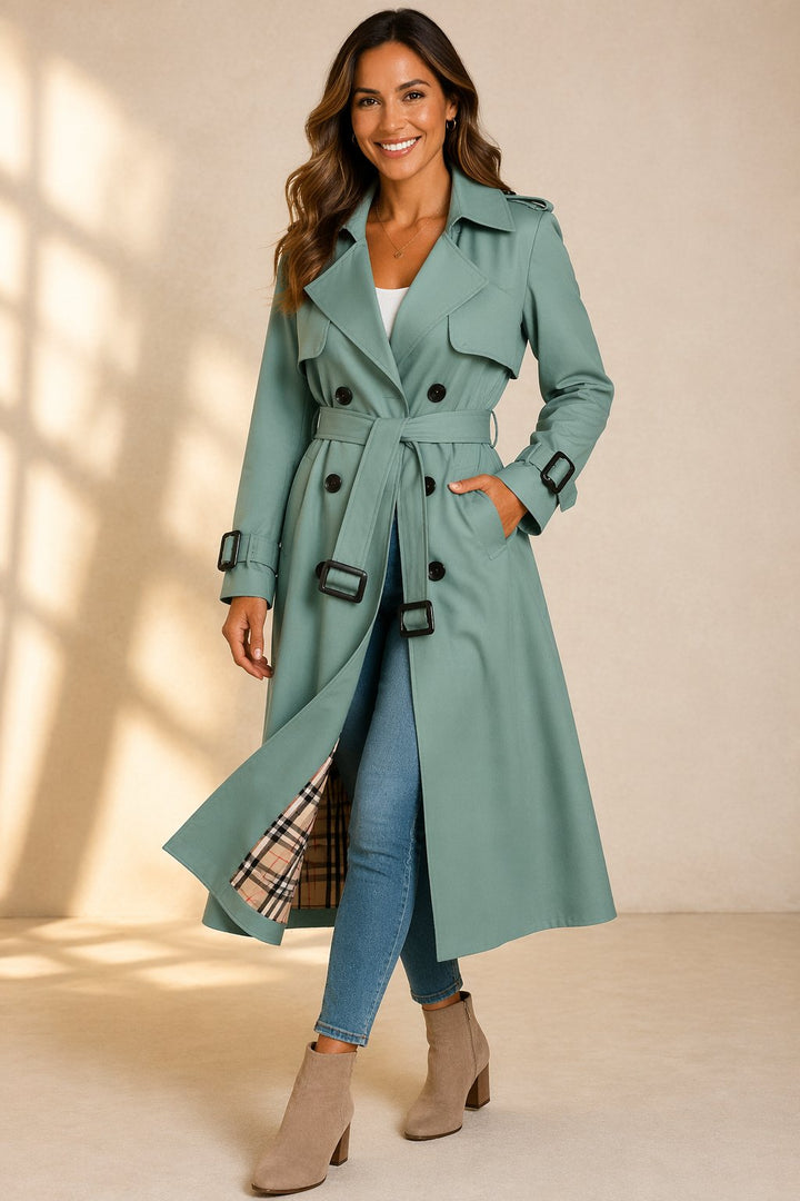 Damen Zweireihiger Gürtel-Trenchcoat in Langer Passform - Green