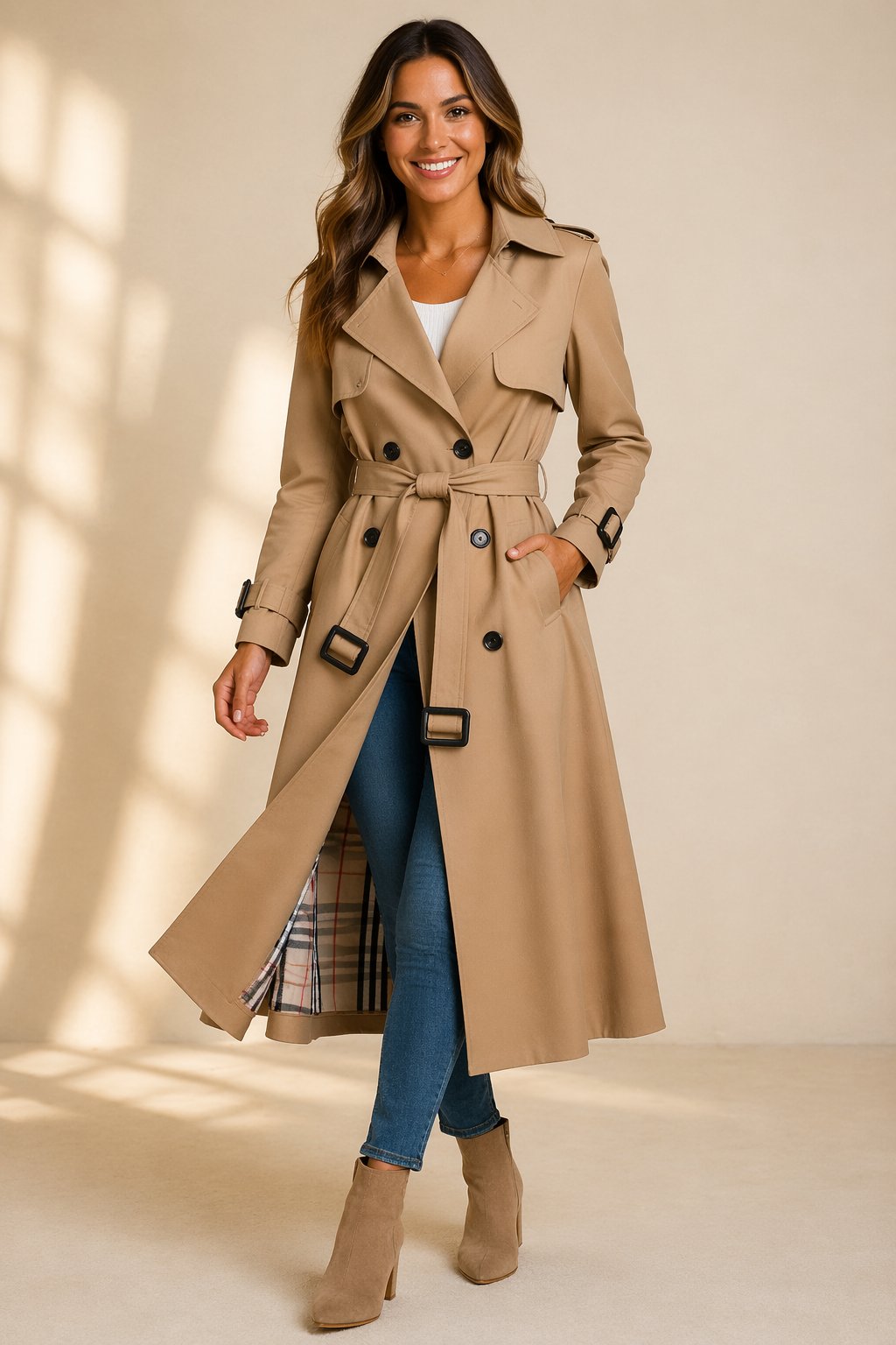 Damen Zweireihiger Gürtel-Trenchcoat in Langer Passform - Beige