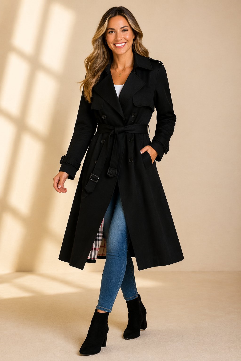 Damen Zweireihiger Gürtel-Trenchcoat in Langer Passform - Black