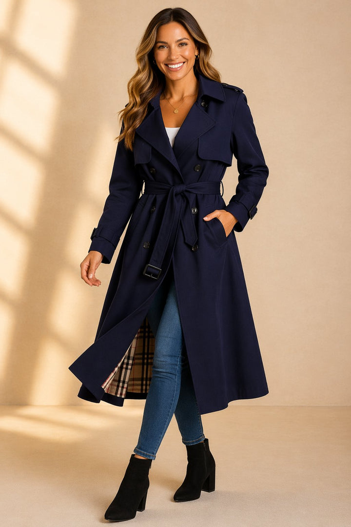 Damen Zweireihiger Gürtel-Trenchcoat in Langer Passform - Navy