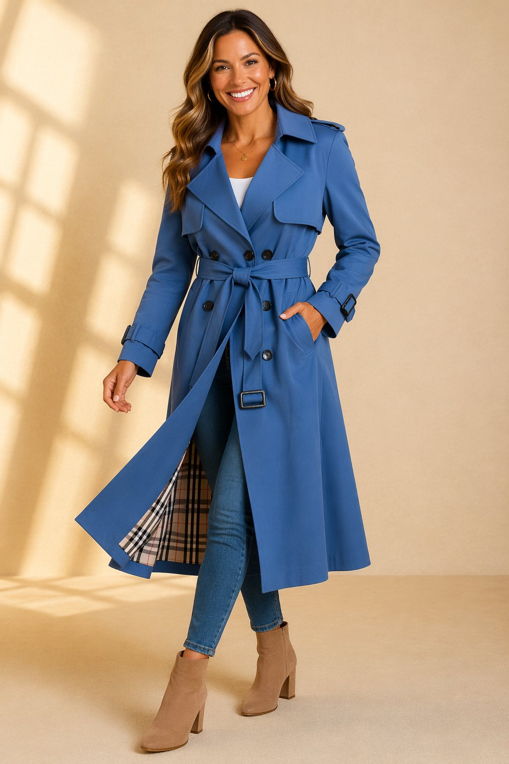 Damen Zweireihiger Gürtel-Trenchcoat in Langer Passform - Blue