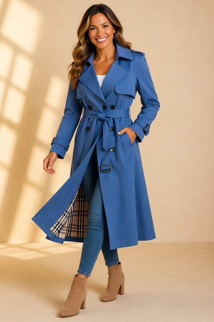 Damen Zweireihiger Gürtel-Trenchcoat in Langer Passform - Blue