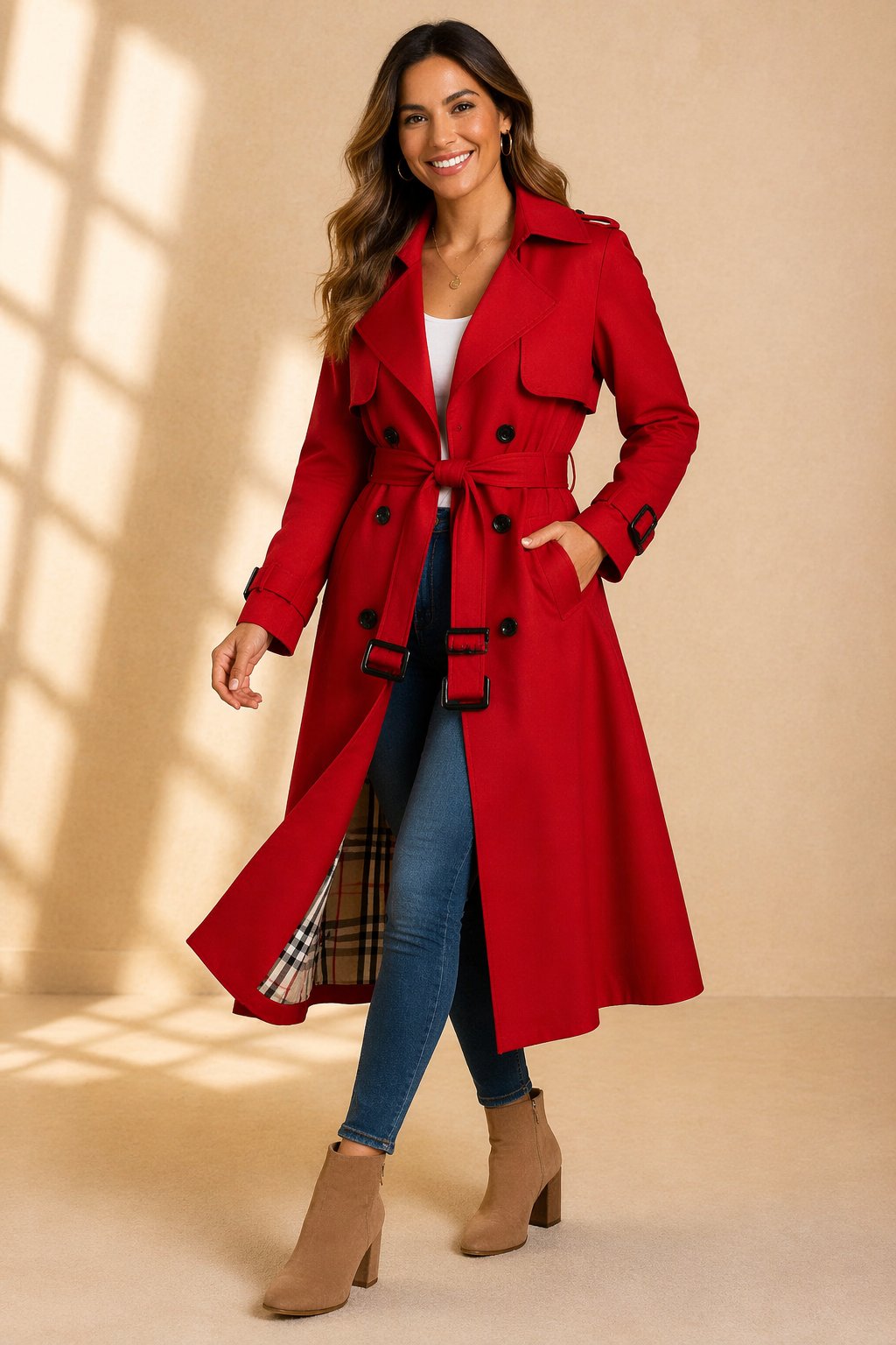Damen Zweireihiger Gürtel-Trenchcoat in Langer Passform - Red