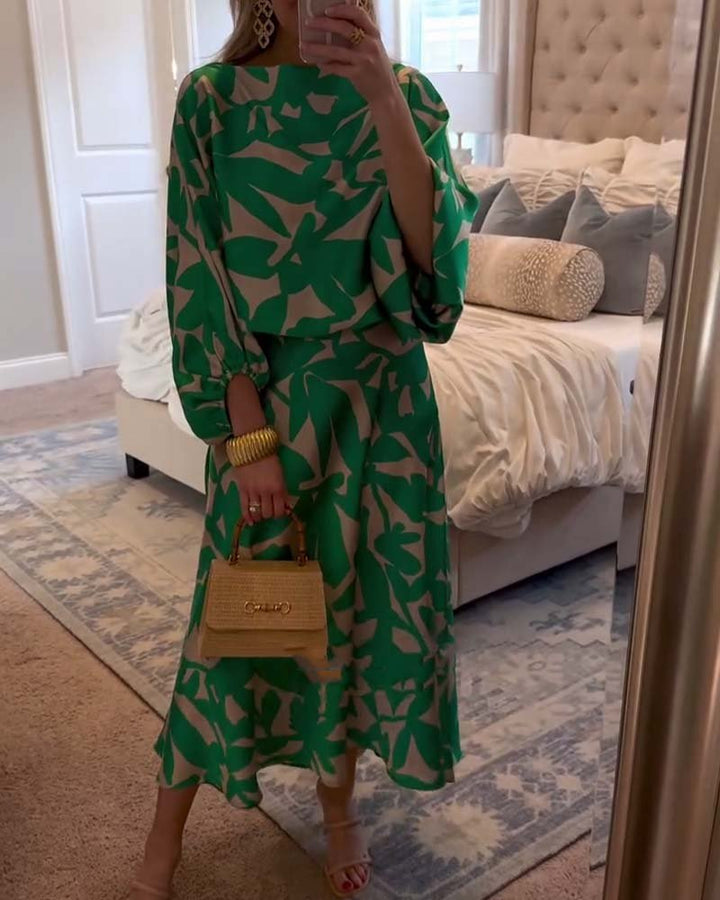 Damen Zweiteiler Ballonärmel Oberteil Rock Set Grün - Green