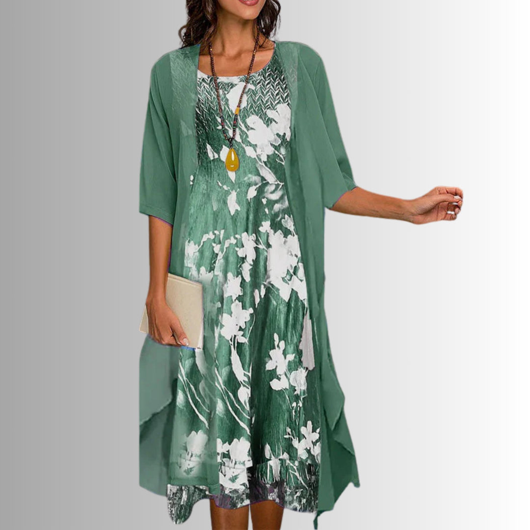 Damen Zweiteiler-Set mit Blumenmuster und Dreiviertel-Ärmeln - Floral Green
