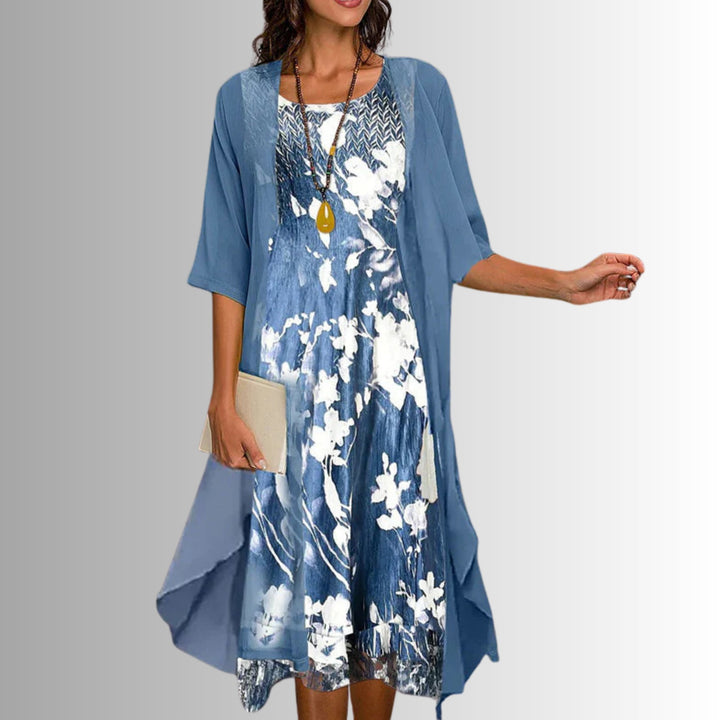 Damen Zweiteiler-Set mit Blumenmuster und Dreiviertel-Ärmeln - Floral Blue