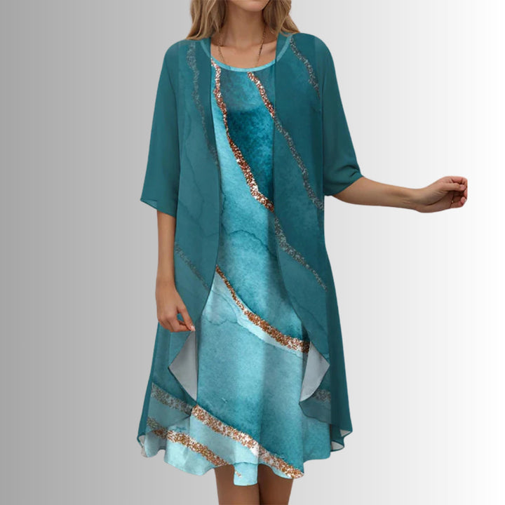 Damen Zweiteiler-Set mit Blumenmuster und Dreiviertel-Ärmeln - Blue Pattern