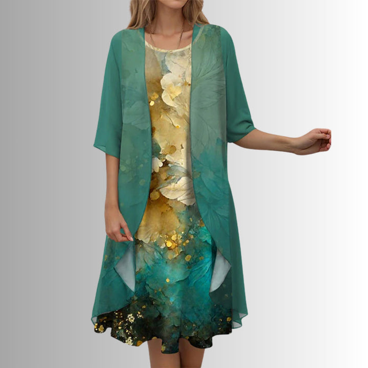 Damen Zweiteiler-Set mit Blumenmuster und Dreiviertel-Ärmeln - Green Pattern