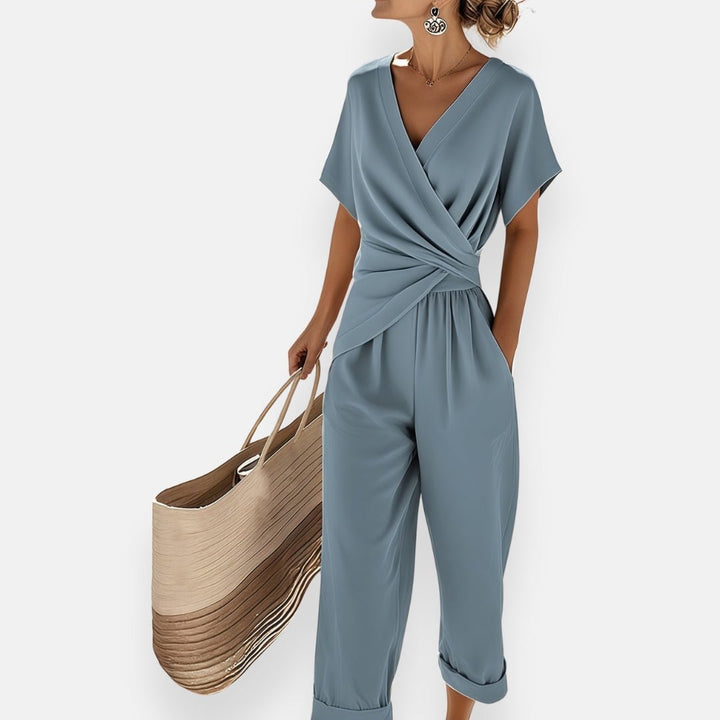 Damen Zweiteiler Set Wickel-Top Wide-Leg Hose Draped - Blue