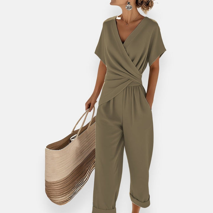 Damen Zweiteiler Set Wickel-Top Wide-Leg Hose Draped - Green