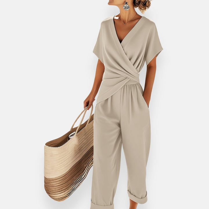 Damen Zweiteiler Set Wickel-Top Wide-Leg Hose Draped - Beige